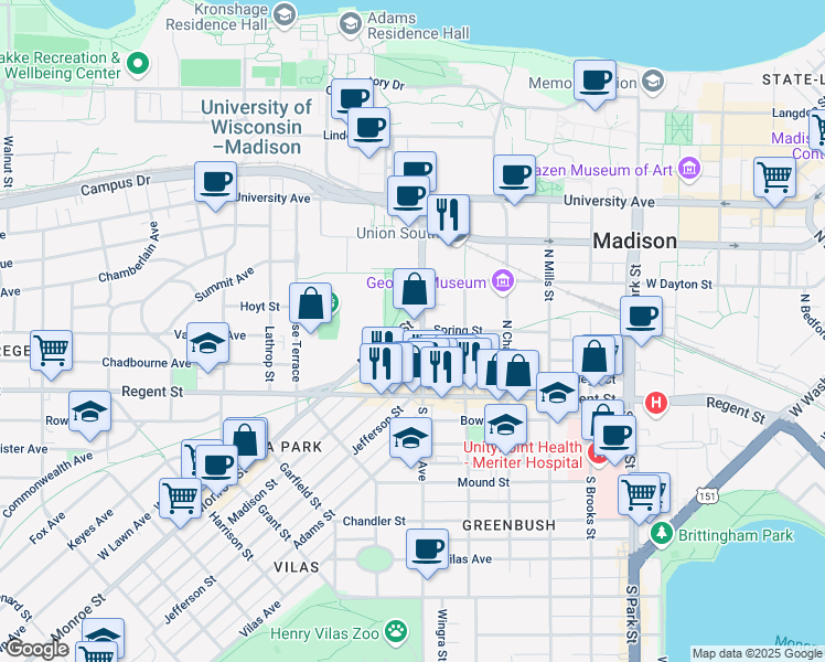 map of restaurants, bars, coffee shops, grocery stores, and more near 1419 Monroe Street in Madison