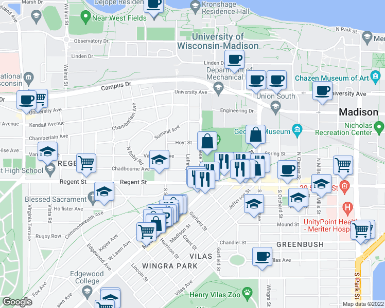 map of restaurants, bars, coffee shops, grocery stores, and more near 103 Lathrop Street in Madison