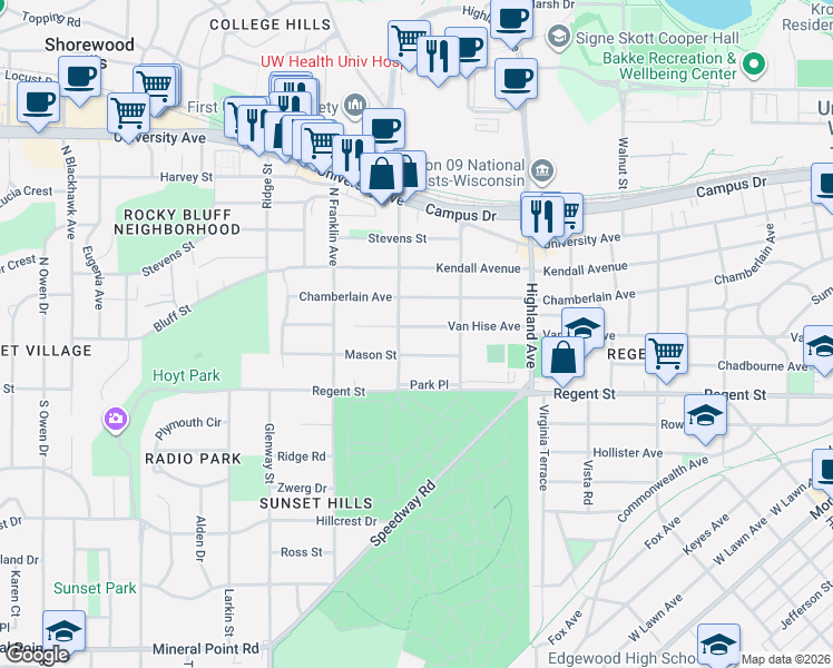 map of restaurants, bars, coffee shops, grocery stores, and more near 2627 Van Hise Avenue in Madison