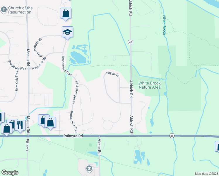 map of restaurants, bars, coffee shops, grocery stores, and more near 18 Royale Drive in Fairport