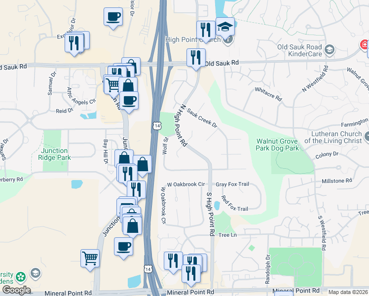 map of restaurants, bars, coffee shops, grocery stores, and more near 214 North High Point Road in Madison