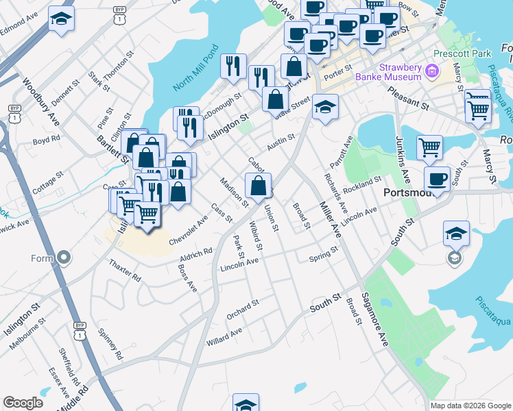 map of restaurants, bars, coffee shops, grocery stores, and more near 286 Union Street in Portsmouth