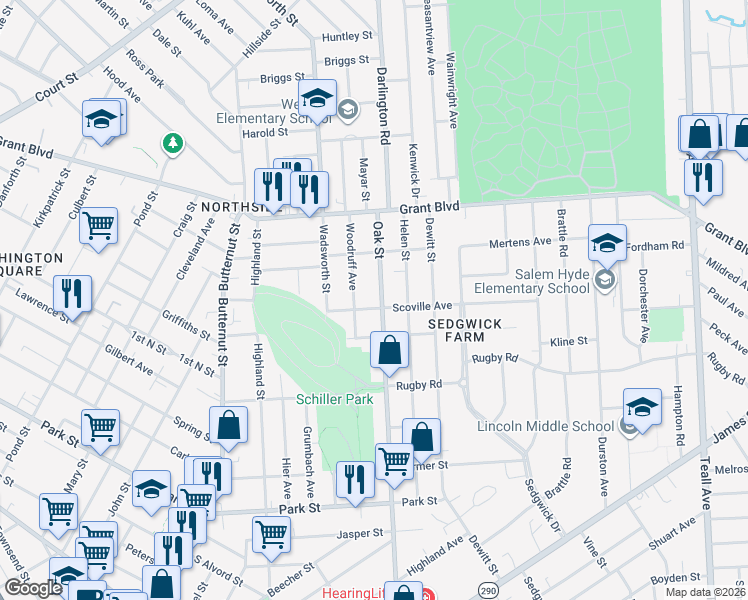map of restaurants, bars, coffee shops, grocery stores, and more near 1303-05 Oak Street in Syracuse