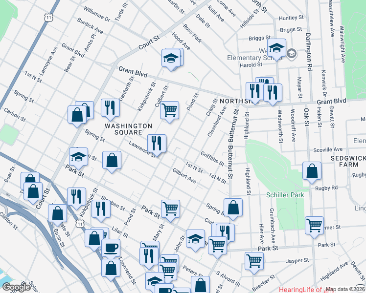 map of restaurants, bars, coffee shops, grocery stores, and more near 407 Griffiths St in Syracuse