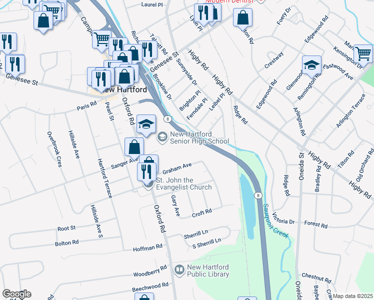 map of restaurants, bars, coffee shops, grocery stores, and more near 33 Oxford Road in New Hartford