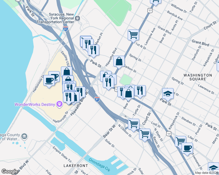 map of restaurants, bars, coffee shops, grocery stores, and more near 1639 North Salina Street in Syracuse