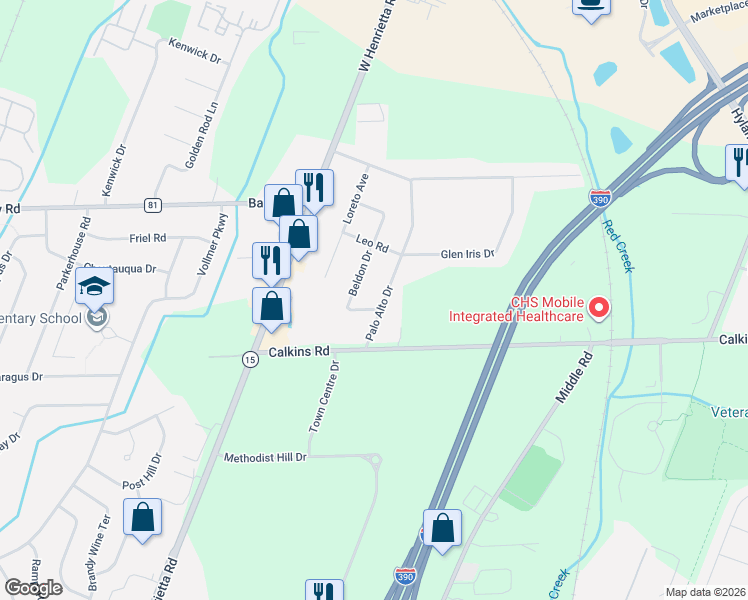 map of restaurants, bars, coffee shops, grocery stores, and more near 43 Palo Alto Drive in Rochester