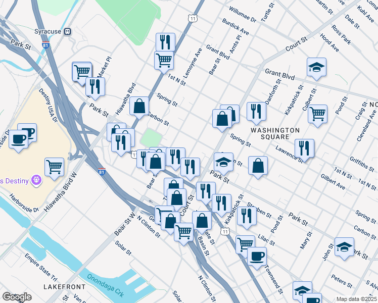 map of restaurants, bars, coffee shops, grocery stores, and more near 405 Turtle Street in Syracuse