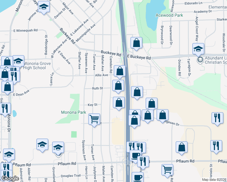 map of restaurants, bars, coffee shops, grocery stores, and more near 4900 Camden Road in Madison