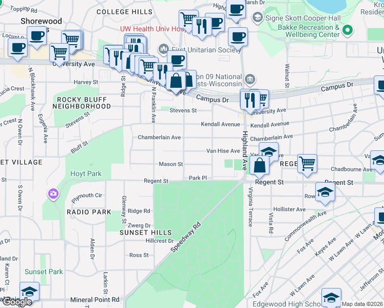 map of restaurants, bars, coffee shops, grocery stores, and more near 2627 Van Hise Avenue in Madison