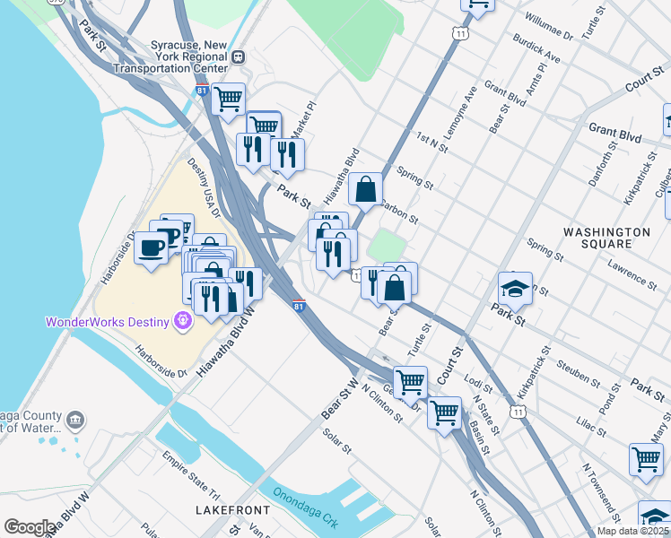 map of restaurants, bars, coffee shops, grocery stores, and more near 116 Wolf Street in Syracuse