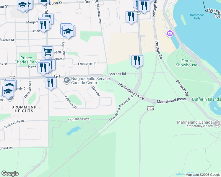 map of restaurants, bars, coffee shops, grocery stores, and more near 7441 Baycrest Common in Niagara Falls