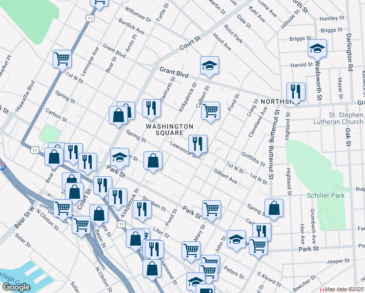 map of restaurants, bars, coffee shops, grocery stores, and more near 126 Lawrence Road East in Syracuse