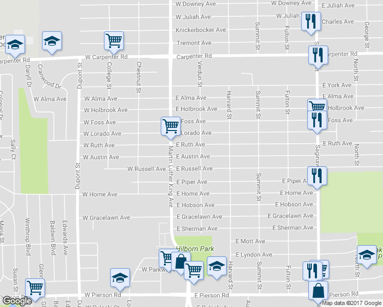 map of restaurants, bars, coffee shops, grocery stores, and more near 141 East Austin Avenue in Flint