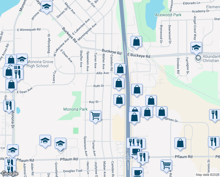 map of restaurants, bars, coffee shops, grocery stores, and more near 4900 Camden Road in Madison