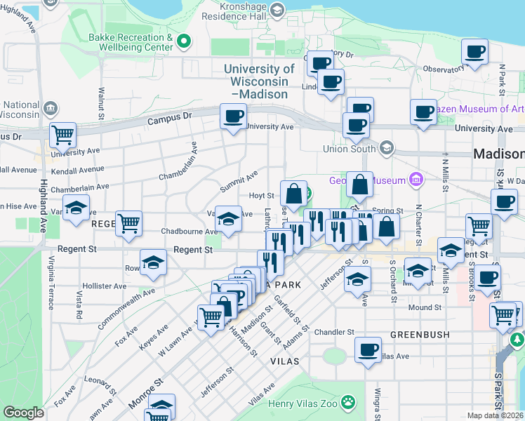 map of restaurants, bars, coffee shops, grocery stores, and more near 104 Lathrop Street in Madison