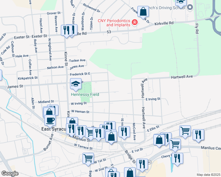 map of restaurants, bars, coffee shops, grocery stores, and more near 702 North Center Street in East Syracuse