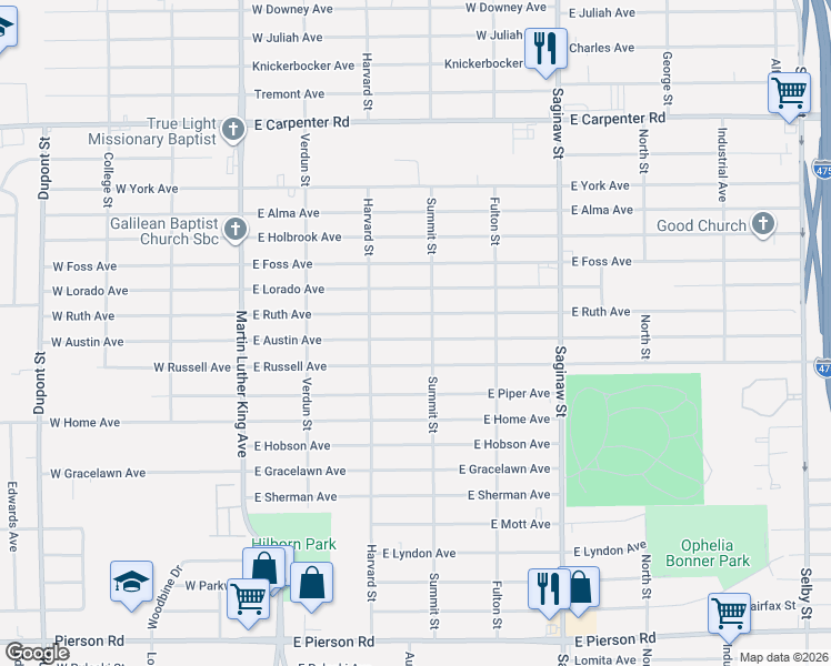 map of restaurants, bars, coffee shops, grocery stores, and more near 345 East Austin Avenue in Flint