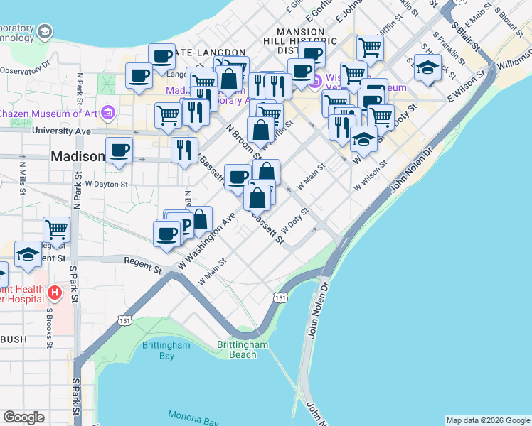 map of restaurants, bars, coffee shops, grocery stores, and more near 444 West Main Street in Madison