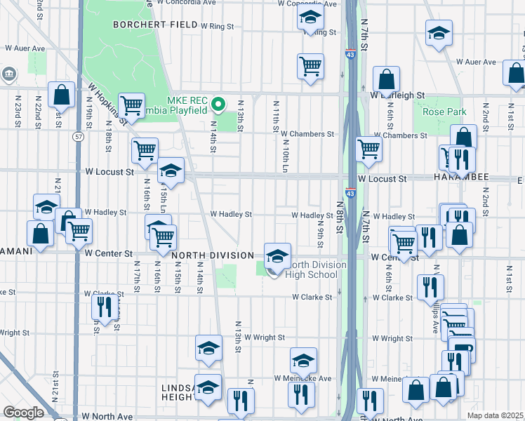 map of restaurants, bars, coffee shops, grocery stores, and more near 1120-1122 West Hadley Street in Milwaukee