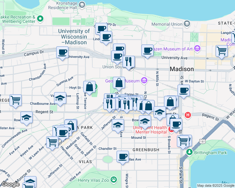 map of restaurants, bars, coffee shops, grocery stores, and more near 1423 Monroe Street in Madison