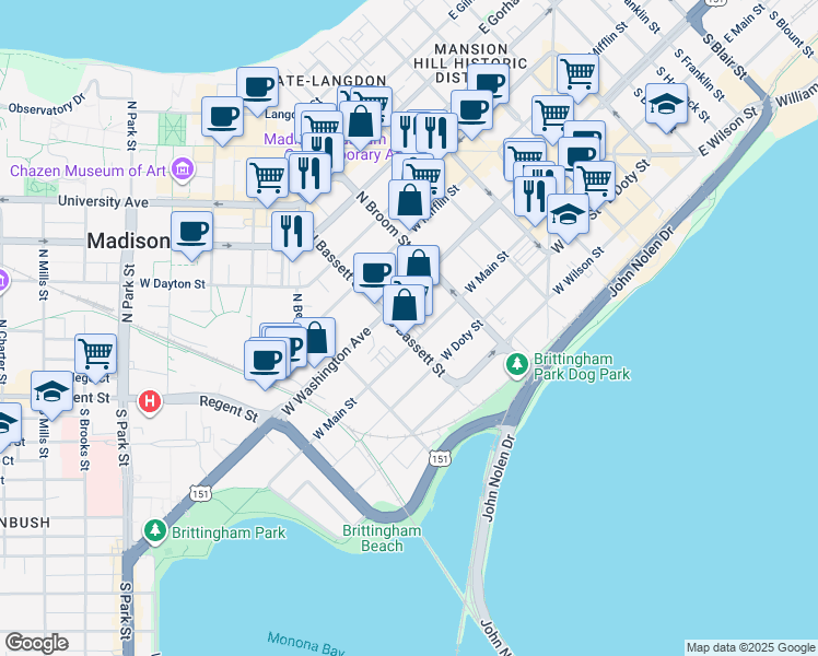 map of restaurants, bars, coffee shops, grocery stores, and more near 21 South Bassett Street in Madison