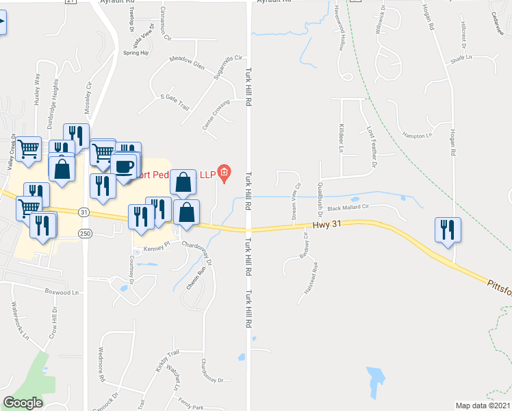 map of restaurants, bars, coffee shops, grocery stores, and more near 1742 Turk Hill Road in Fairport