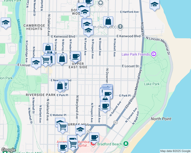 map of restaurants, bars, coffee shops, grocery stores, and more near 2414 East Newberry Boulevard in Milwaukee