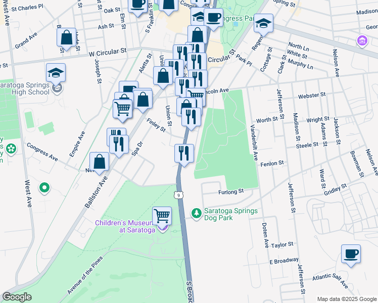 map of restaurants, bars, coffee shops, grocery stores, and more near 134 South Broadway in Saratoga Springs