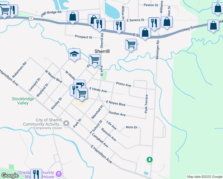 map of restaurants, bars, coffee shops, grocery stores, and more near 234 East Hinds Avenue in Sherrill