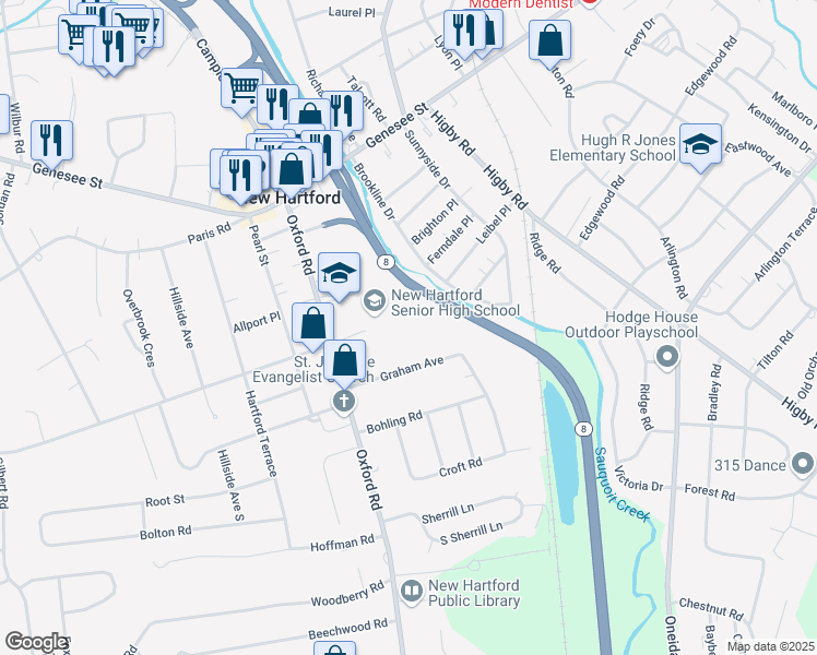 map of restaurants, bars, coffee shops, grocery stores, and more near 33 Oxford Road in New Hartford