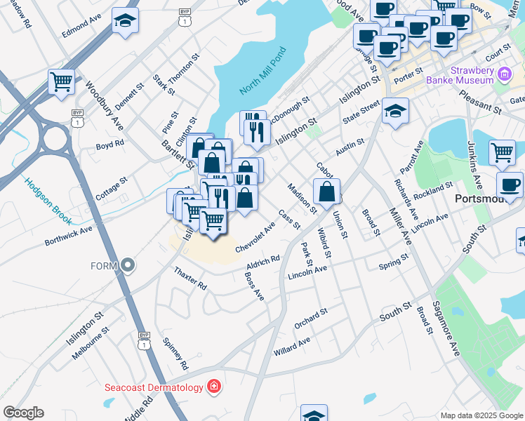 map of restaurants, bars, coffee shops, grocery stores, and more near 89 Brewery Lane in Portsmouth