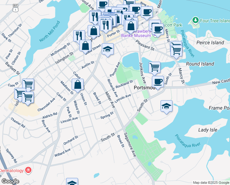 map of restaurants, bars, coffee shops, grocery stores, and more near 268 Richards Avenue in Portsmouth