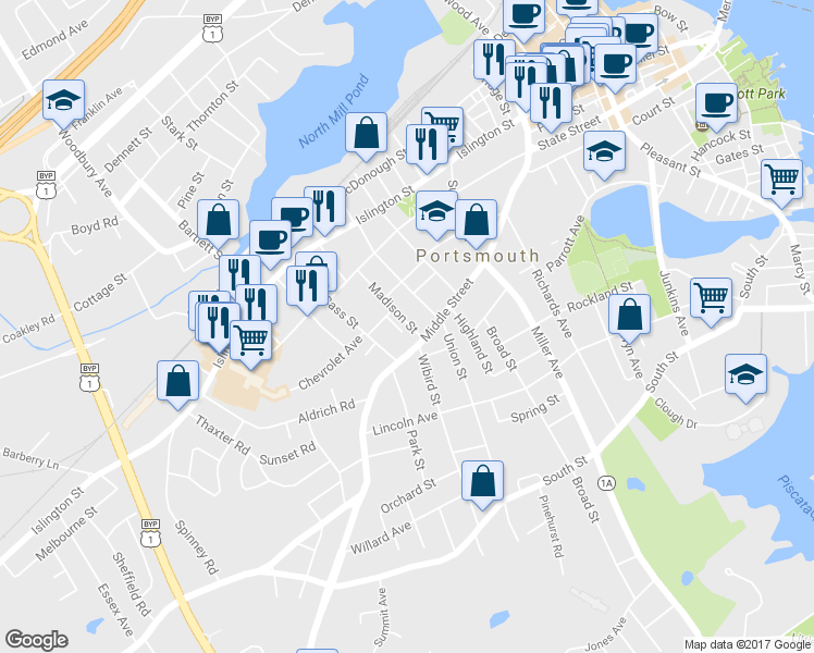 map of restaurants, bars, coffee shops, grocery stores, and more near 30 Madison Street in Portsmouth