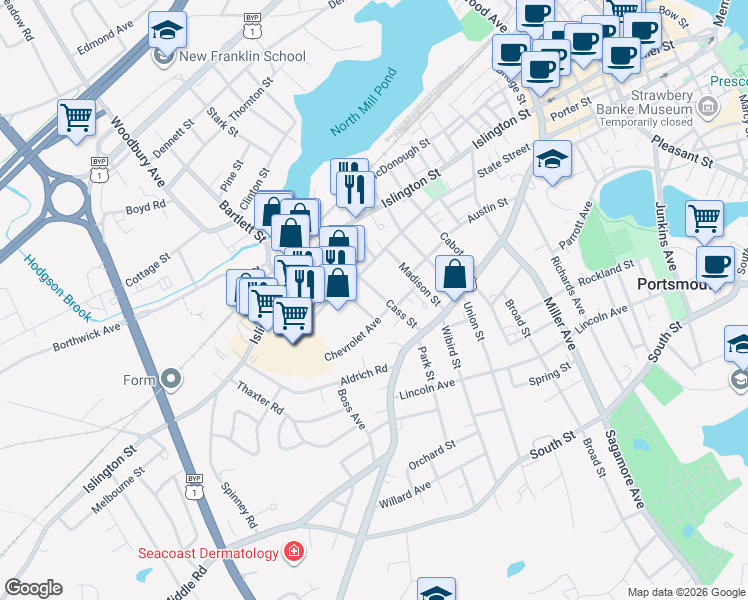 map of restaurants, bars, coffee shops, grocery stores, and more near 89 Brewery Lane in Portsmouth