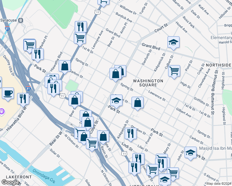 map of restaurants, bars, coffee shops, grocery stores, and more near 806 Carbon Street in Syracuse