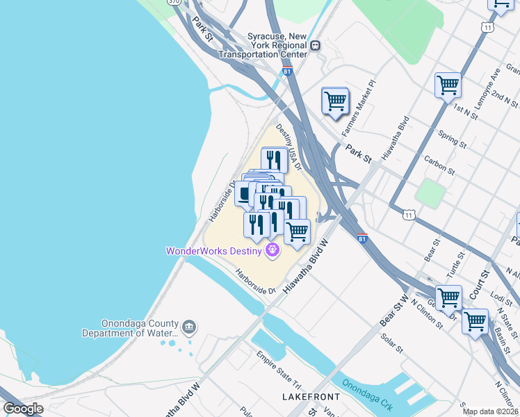 map of restaurants, bars, coffee shops, grocery stores, and more near 9679 Destiny USA Drive in Syracuse