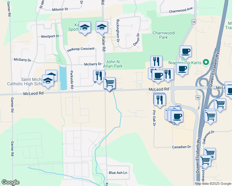 map of restaurants, bars, coffee shops, grocery stores, and more near 8196 McLeod Road in Niagara Falls