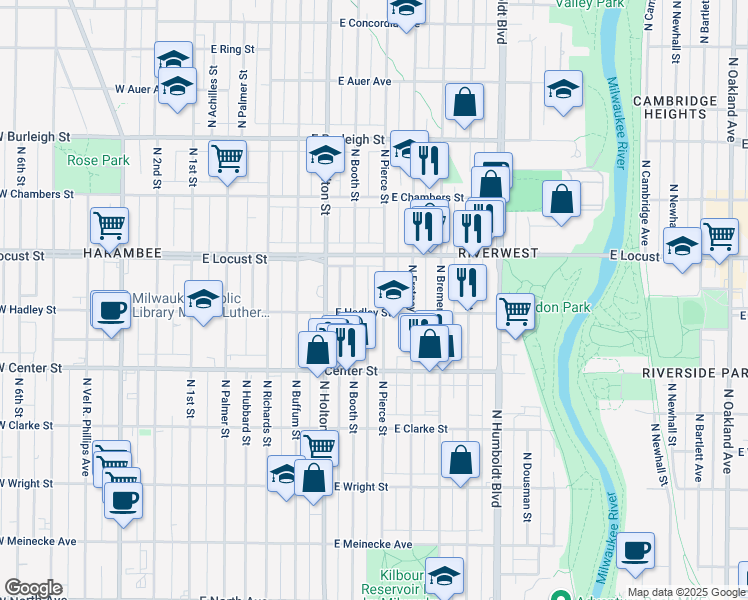 map of restaurants, bars, coffee shops, grocery stores, and more near 2807 North Pierce Street in Milwaukee