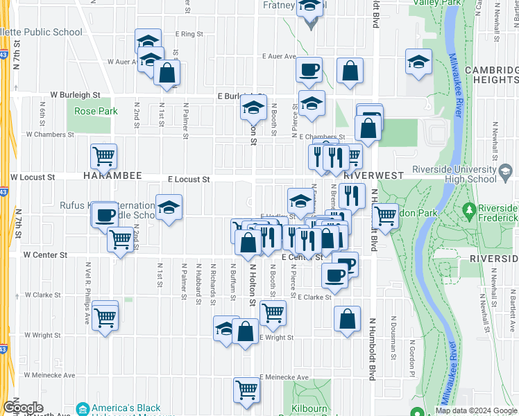 map of restaurants, bars, coffee shops, grocery stores, and more near 2805 North Booth Street in Milwaukee