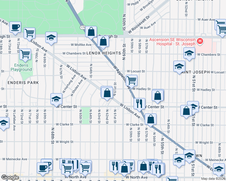 map of restaurants, bars, coffee shops, grocery stores, and more near 2766 North 61st Street in Milwaukee