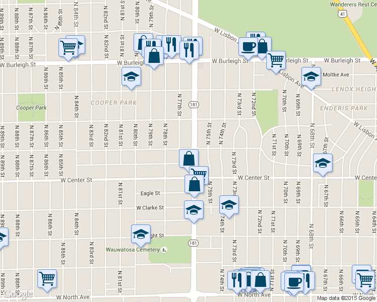 map of restaurants, bars, coffee shops, grocery stores, and more near 2767 North 76th Street in Milwaukee