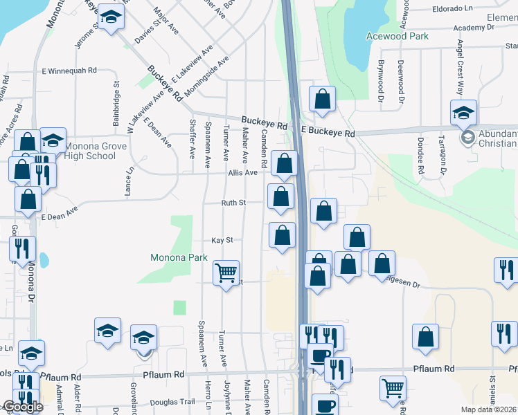 map of restaurants, bars, coffee shops, grocery stores, and more near 4900 Camden Road in Madison