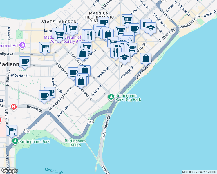 map of restaurants, bars, coffee shops, grocery stores, and more near 215 South Broom Street in Madison