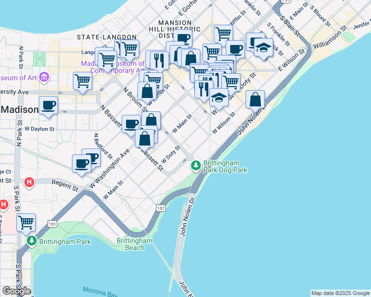 map of restaurants, bars, coffee shops, grocery stores, and more near 215 South Broom Street in Madison