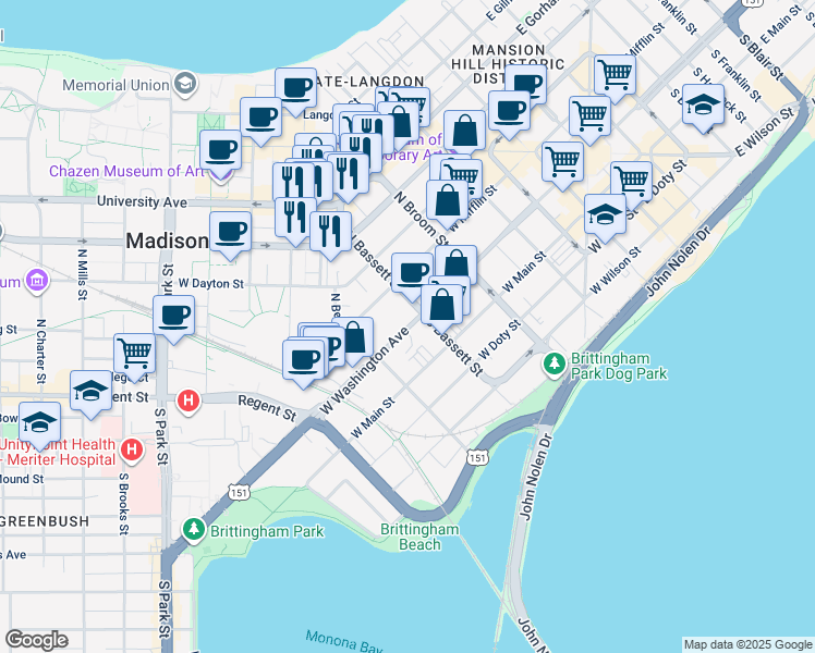 map of restaurants, bars, coffee shops, grocery stores, and more near in Madison