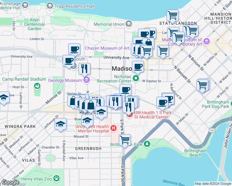 map of restaurants, bars, coffee shops, grocery stores, and more near in Madison