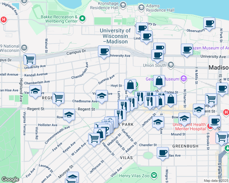 map of restaurants, bars, coffee shops, grocery stores, and more near 103 Lathrop Street in Madison