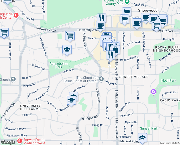 map of restaurants, bars, coffee shops, grocery stores, and more near 4706 Regent Street in Madison