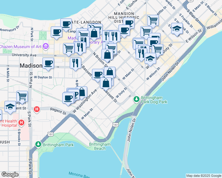 map of restaurants, bars, coffee shops, grocery stores, and more near 442 West Main Street in Madison